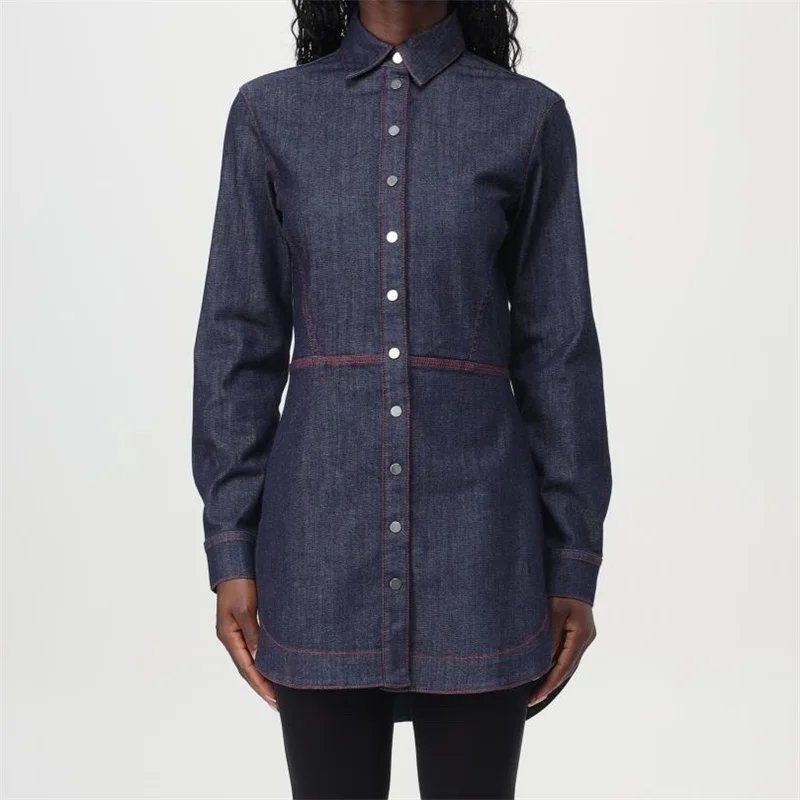 Блузка Женская длинная из натурального хлопка составного кроя с длинным рукавом