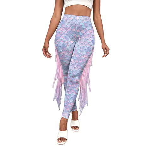 Брюки с принтом русалки, женские штаны для косплея из рыбьей чешуи с 3D принтом, модные женские леггинсы, облегающие штаны для йоги, повседневные брюки