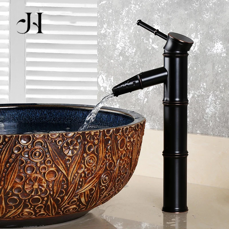 

Black Brass Waterfall Bathroom Sink Faucet Vessel Tall Bamboo Water Tap Retro Bronze Oil Rubbed High Single Hole Basin Mixer