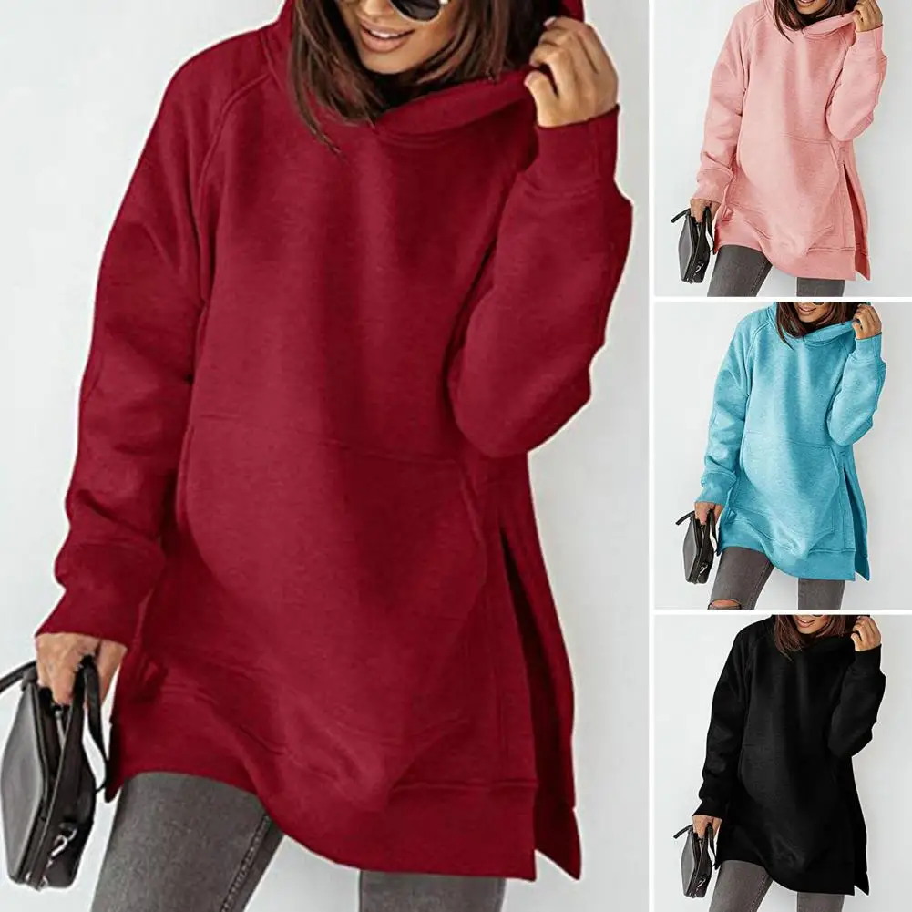

Women Winter Hoodie Side Split Long Sleeves Hooded Solid Color Hat Pocket Thick Warm Pure Color Spring Hoodie for Daily Wear
