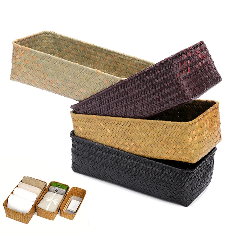 

New Handmade Woven Storage Boxes Straw Storage Baskets Rectangle Cosmetic Gadgets Toys Basket Bathroom Organization Dropshipping