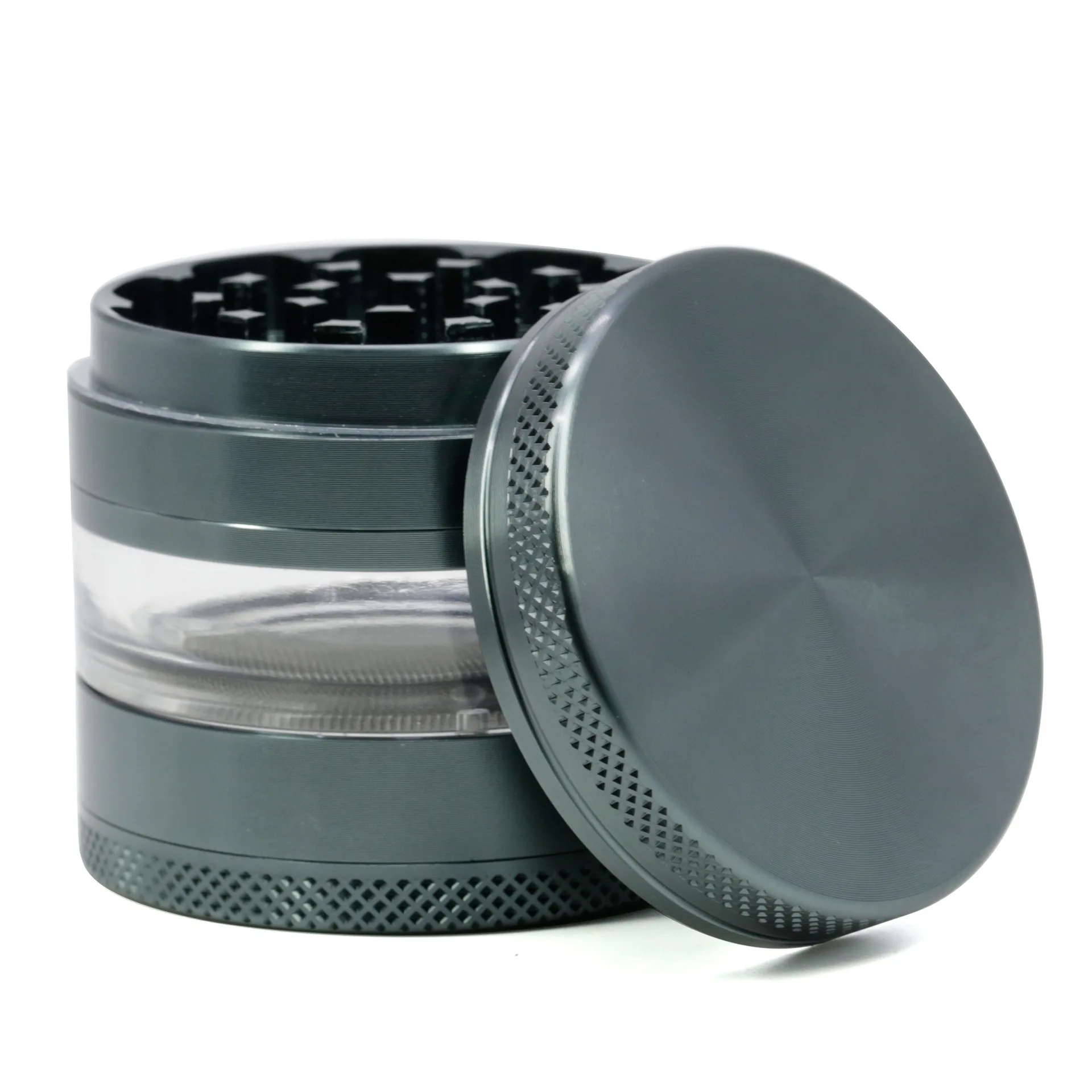 

4 Layer Zinc Alloy Tobacco Crusher with Clear Circle Window 63mm Herb Mills Hand Muller