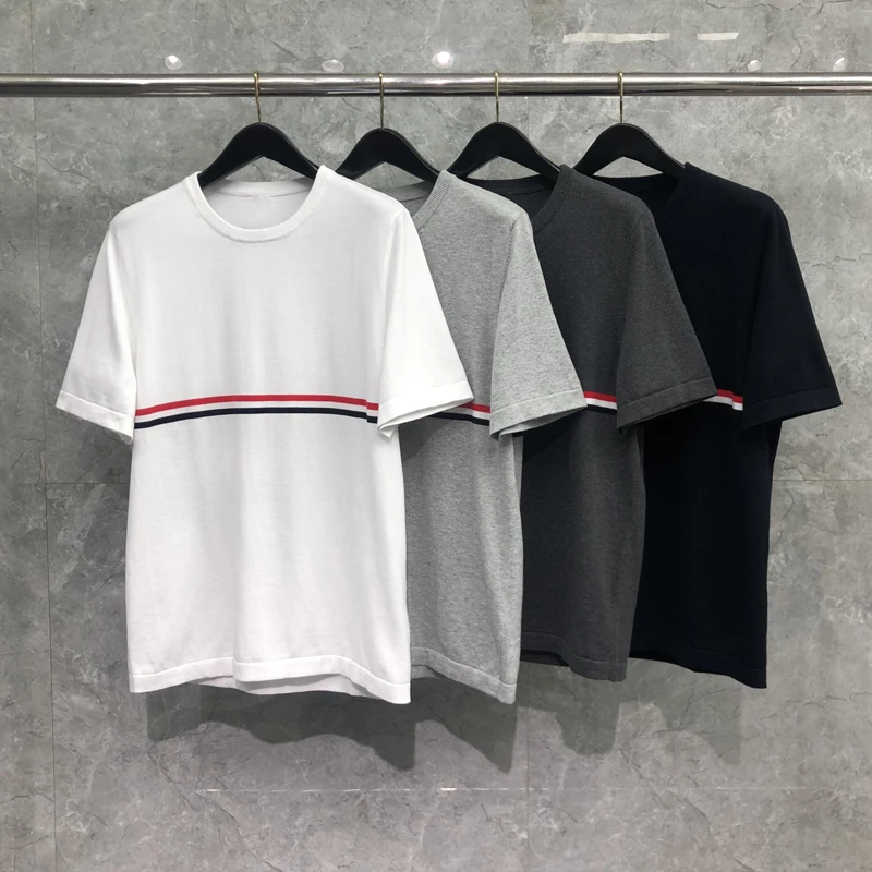 

TB THOM Casual T-shirts Korean Fashion Multicolor Stripes Design Short Sleeve Tee High Quality Classic Pure Soild Round Neck Top