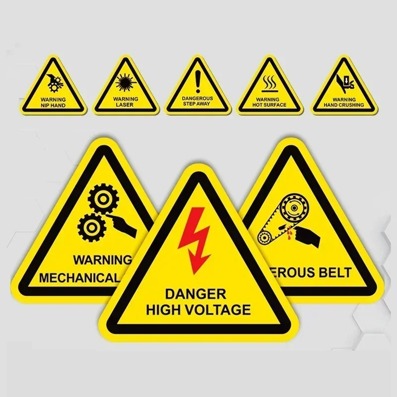 10pcs Triangle Yellow Warning Stickers English WARNING MECHANICAL INJURY Tips Waterproof Sign Caution! Identification