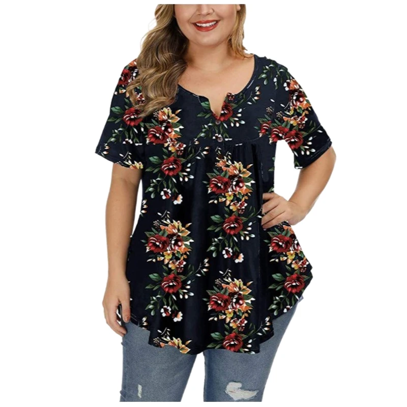 Plus Size Clothing For Women 3Xl 4Xl 5Xl Curve Plus Size Top Buttoned Pleated Floral Print Tunicas De Mujer 2022 Camiseta Mujer