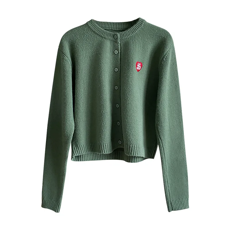 

Autumn Women Heart Letter Embroidery Knit Cardigans 2022 O-neck Long Sleeve Single Breasted Loose Short Korean Knitted Tops