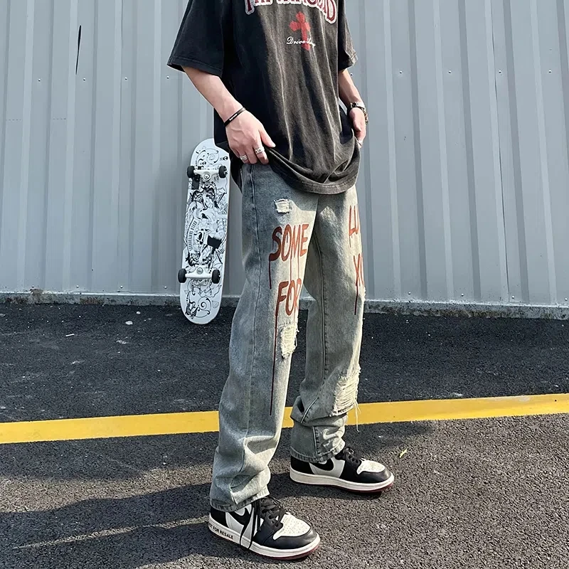 European American High Street Letters Embroidery Oversized Jeans On The Back Of Men'S Loose Straight-Leg Ripped Trousers Unisex