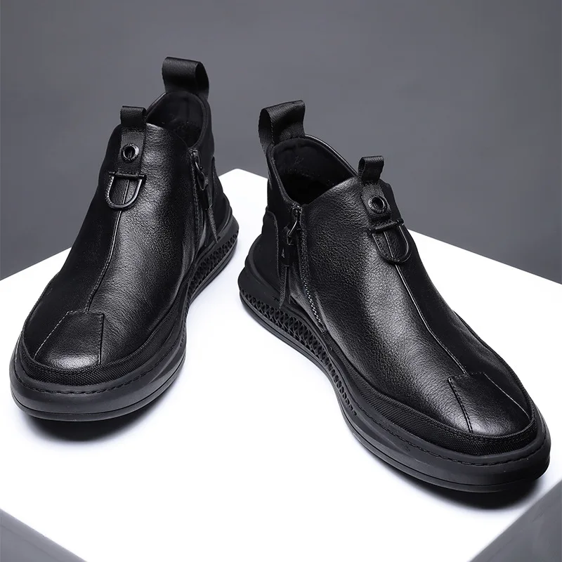 

Autumn and winter new small short boots black set foot casual leather shoes driving shoes men's shoes