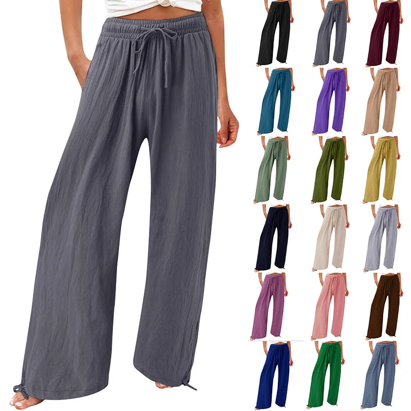 

2023 New Collection Women Casual Loose Elastic Waist Trouser Solid Color Drawstring High Waisted Wide Leg Pants Commuter pants