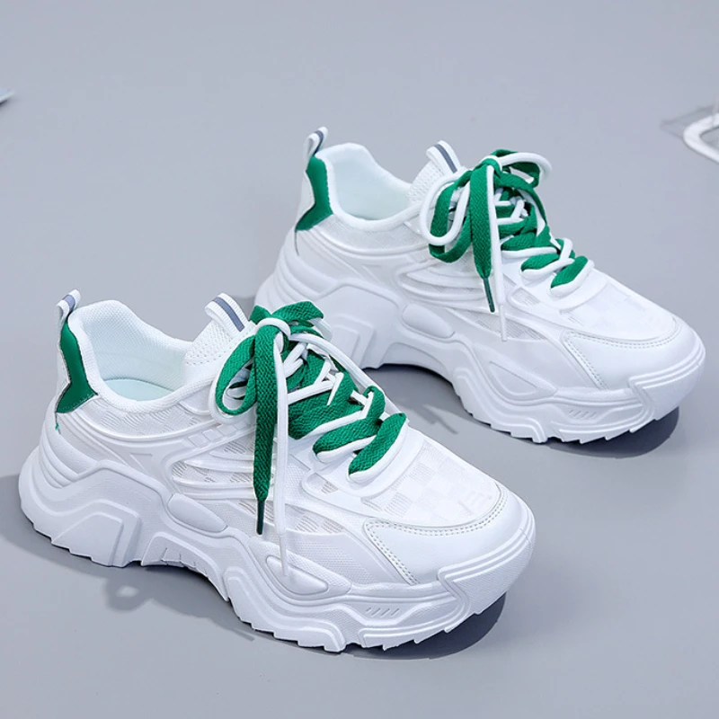 

White PU Leather Chunky Sneakers Women New Spring Platform Vulcanize Shoes Woman Thick Bottom Hidden Heels Sport Shoes