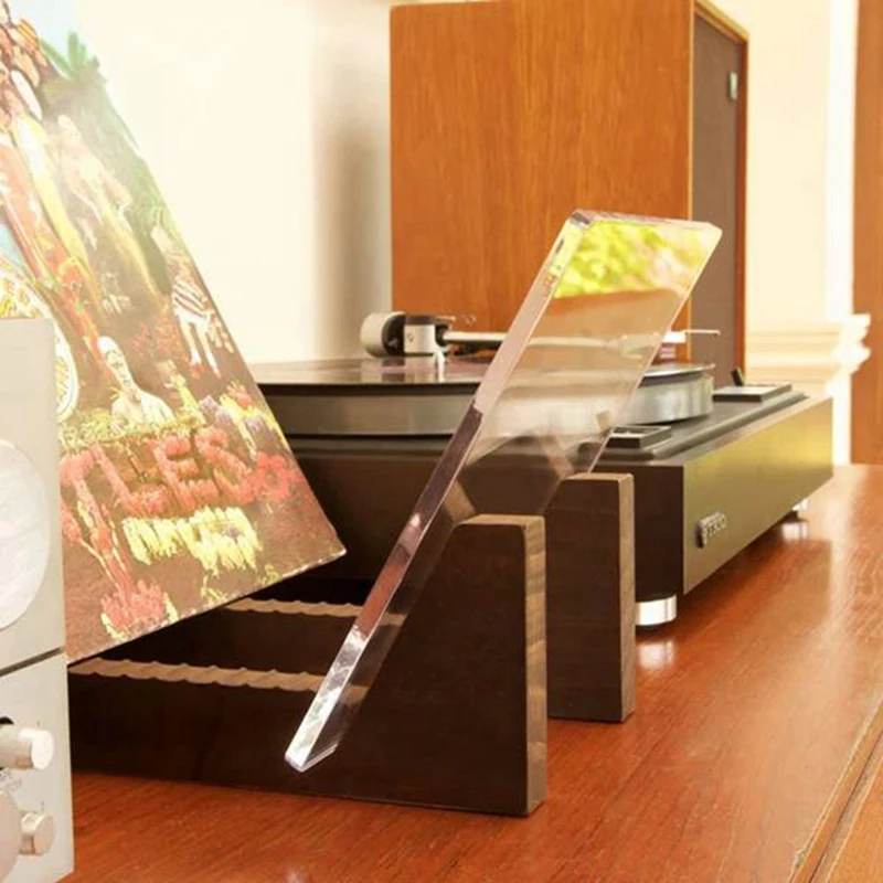Vinyl Record Storage Holder Large Capacity Acrylic Ends Display Stand Wooden LP Vinyl Album Desktop Rack