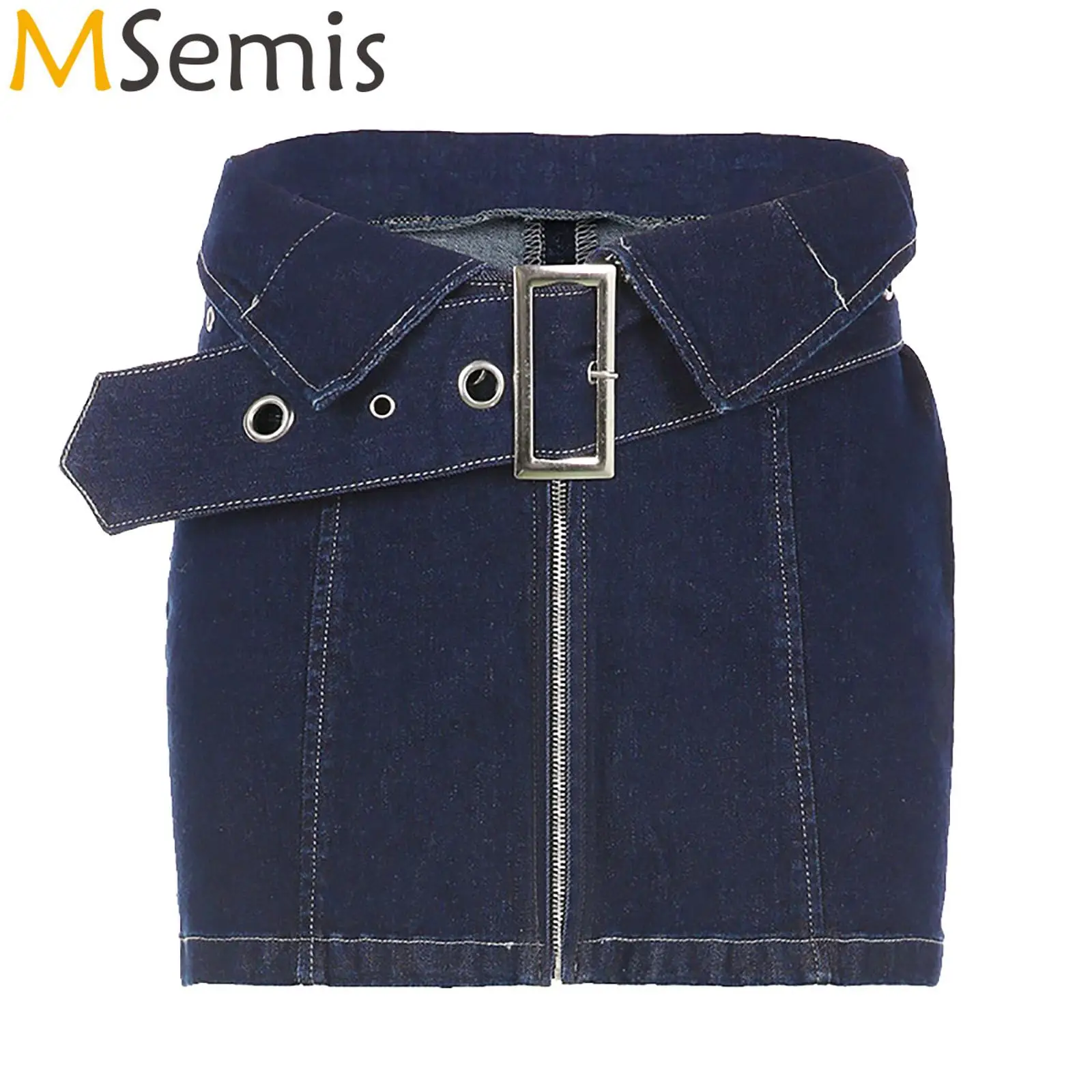 

Womens Fashion Buckle Belted Denim Skirt Casual Mid Waist Zipper Front Mini Jean Skirts Music Festival Rave Party Clubwear