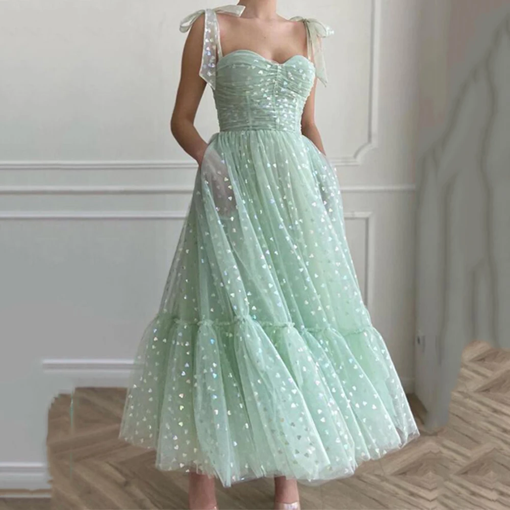 

Mint Green Tulle Wedding Party Gown 2022 Ankle Length Sweetheart Short Graduation Shiny Prom Dresses Robes De Soiree