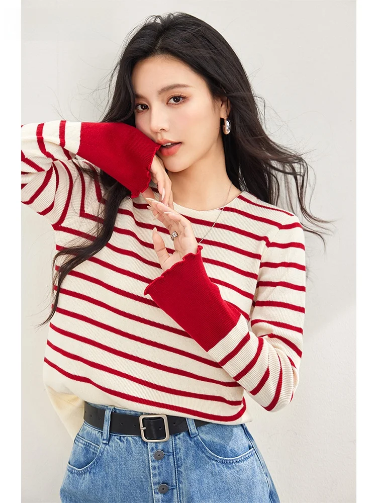 La Chabell 7 M2024 осенняя новая мода с круглым вырезом в полоску контрастного цвета