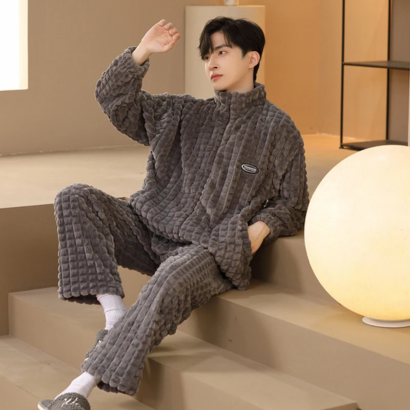 QUHENG Winter Pajamas for Men Thick Plush Fleece Autumn Pajama Sets  Coral Velvet Warm Flannel Clothes Home Suit Male Sleepwear