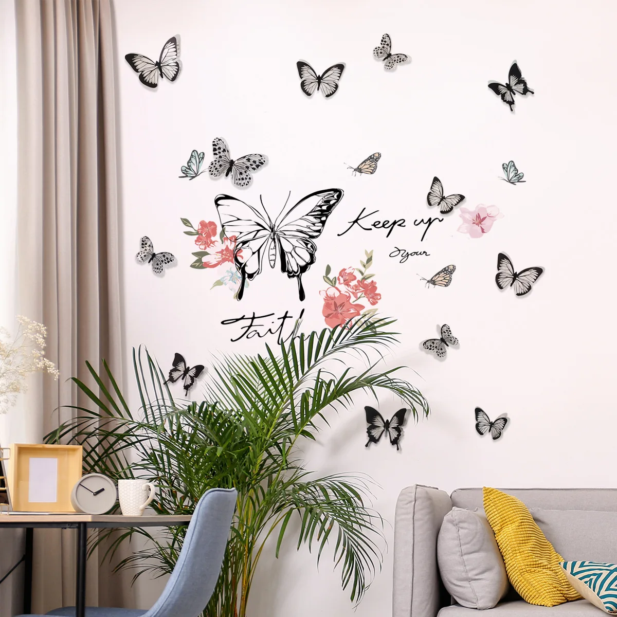 Black English Pink Flower 3D Hollow Butterfly Decorative Sticker Living Room Bedroom Background Wall Decor |