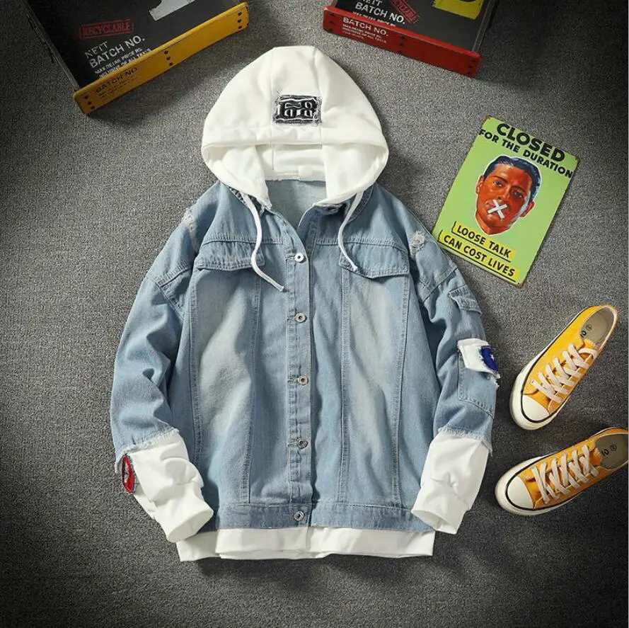 

2023HOTspring men's denim jacket hooded loose casual fashion personality stitching patch street trend