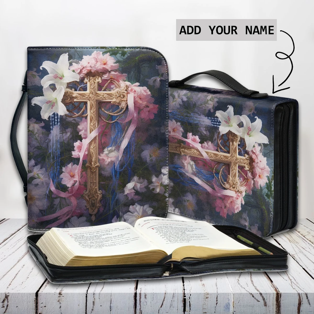 Pretty Floral Corss 3D Design Women's Bible Cover Case PU Leather Christian Bags for Female Casual Handle Holy Study Book Boxes