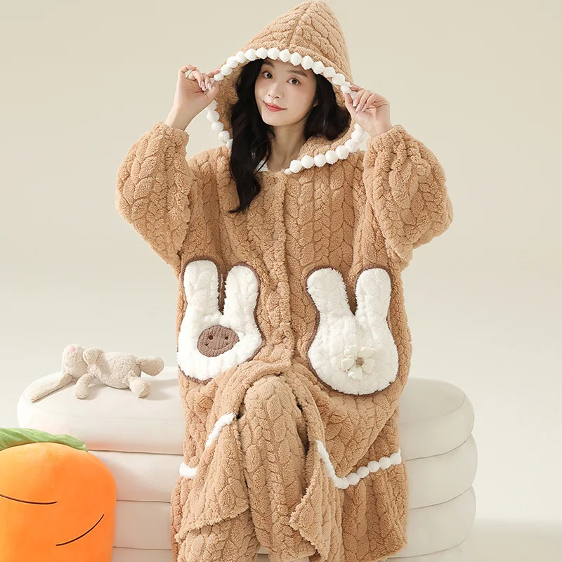Panda Cartoon Cute Winter Warm Nightwear for Women Coral Fleece Robe &amp Pant 2Pcs/set Sleepwear with Hood Young Girl Mujer Pyjama