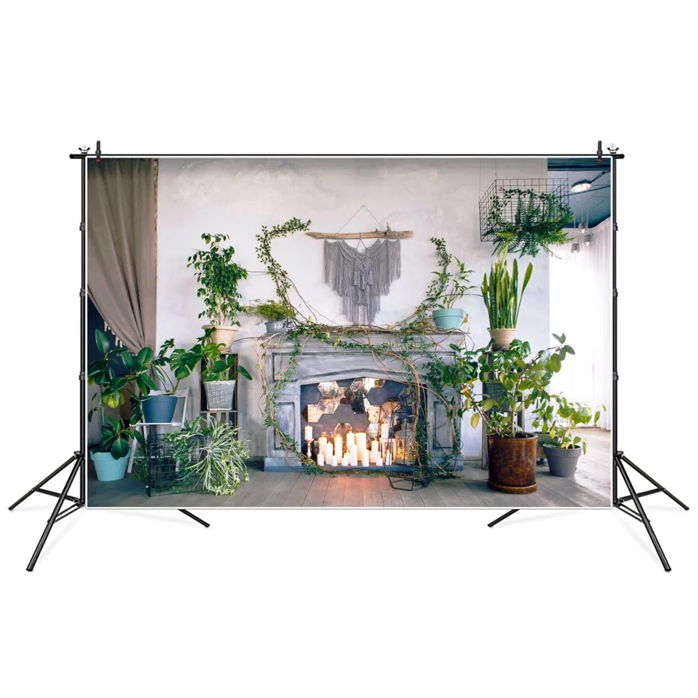 

Home Studio Living Room Green Plants Party Photo Booth Backdrops Candle Pray Fireplace Curtain Decoration Photography Background