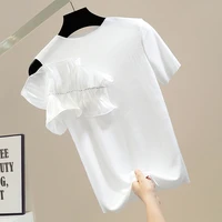 exquisite rhinestone irregular top t shirt for women ruffles stitching hollow out shoulder thin t shirts female summer tees