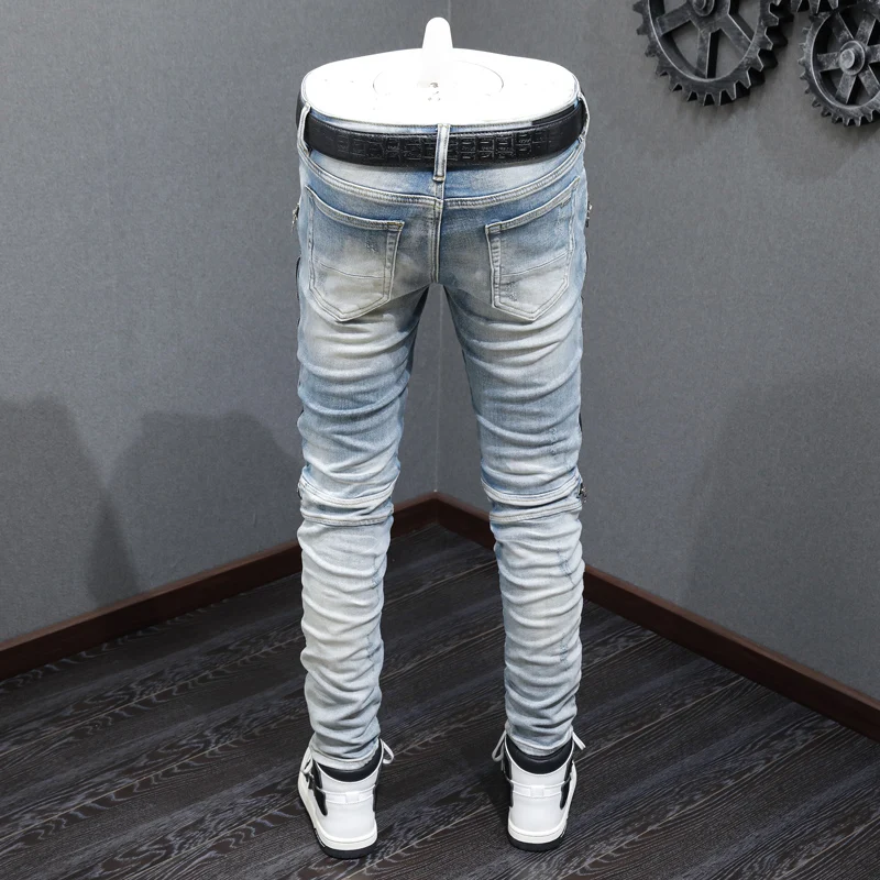 High Street Fashion Men Jeans Retro Light Blue Stretch Skinny Ripped Biker Jeans Homme Spliced Designer Hip Hop Brand Pants Men