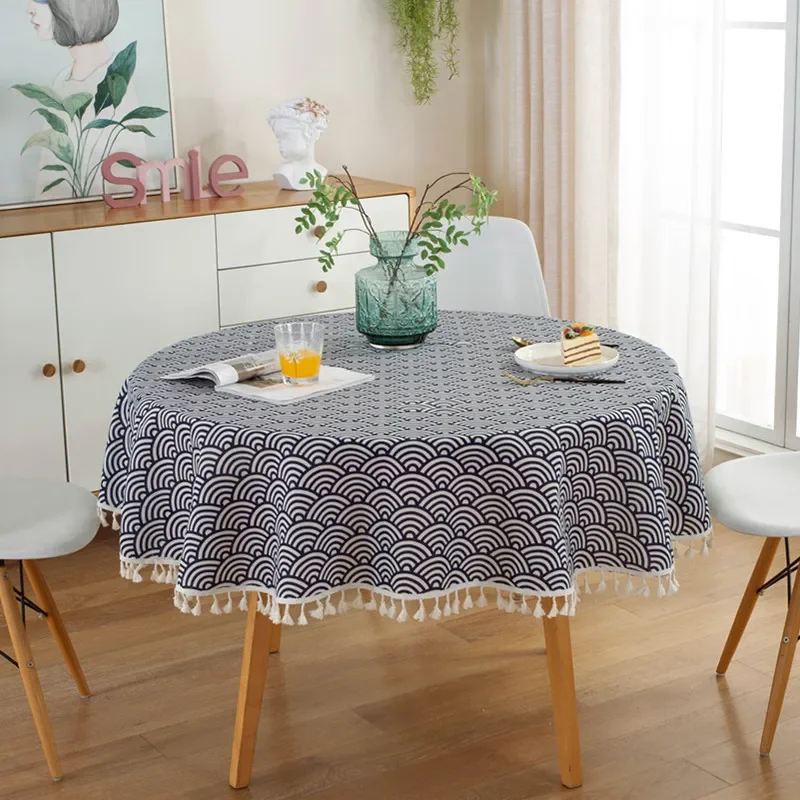

Круглая скатерть в клетку из полиэстера и хлопка в скандинавском стиле, украшение для стола, кофейного чая, с геометрическим рисунком и кисточкой, домашние украшения