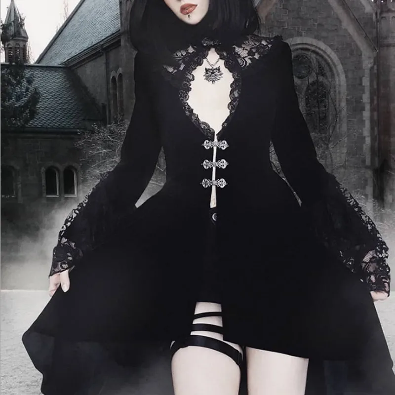 

Европейское и американское платье в стиле Темного стиля, пикантное кружевное лоскутное платье в стиле ретро дворца с вырезами и рукавами-фонариками