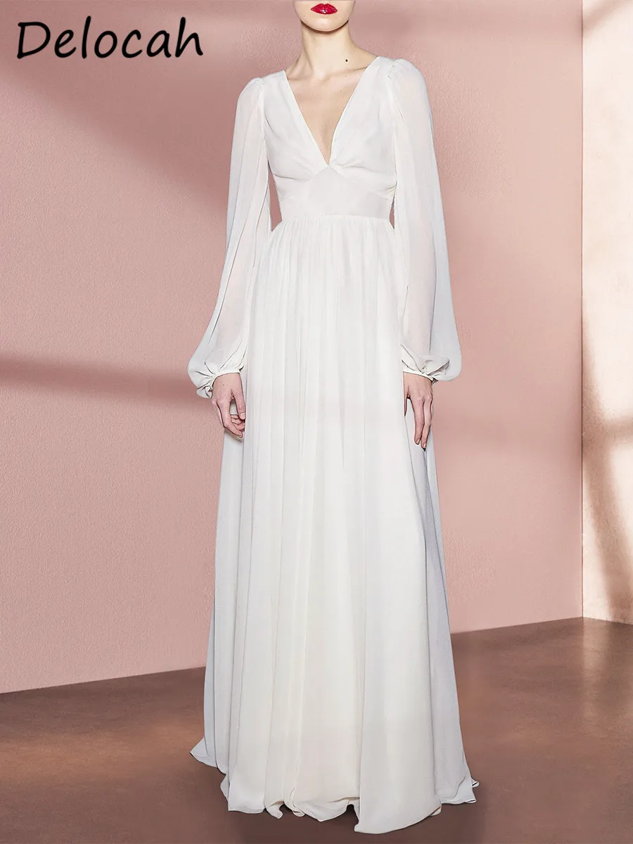 Delocah High Quality Spring Women Fashion Designer Maxi Dress Lantern Long Sleeve White High Waist Holiday Big Swing Dresses