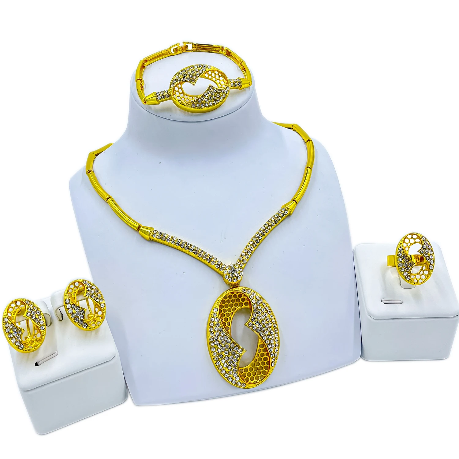 

2022 Модные Ювелирные наборы Африканский круглый кулон ожерелье для женщин свадебный браслет с кристаллами серьги полый кольцо подарок