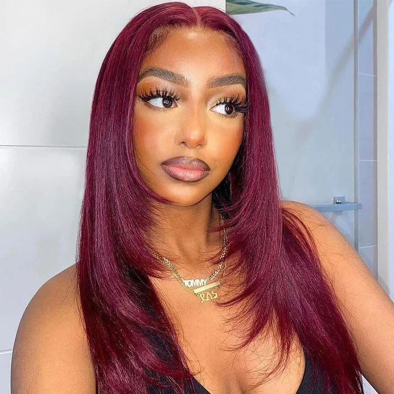 Burgundy Layered Cut Straight Lace Front Wig 99J Straight Human hair Wigs For Black Women Wig Brazilian 180% Density Hair Wig