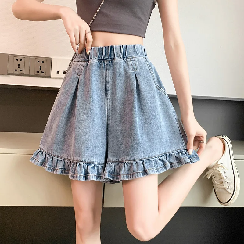 Women Summer Denim Shorts Korean Fashion Ruffles All Match  Short Pants Wide Leg Loose High Waist Short Pants Jeans 6XL