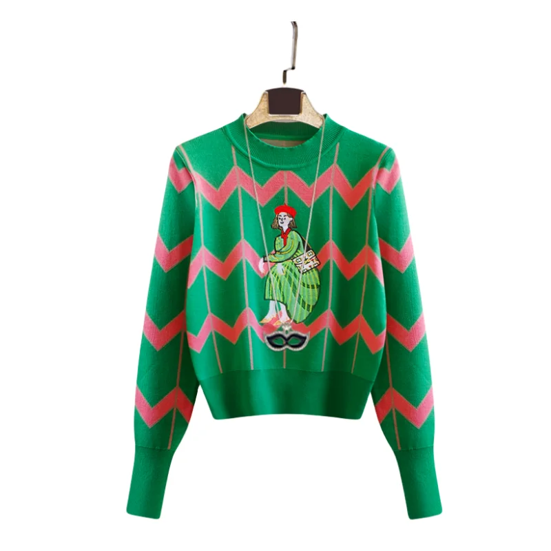 Женский трикотажный пуловер с вышивкой и блестками круглым вырезом