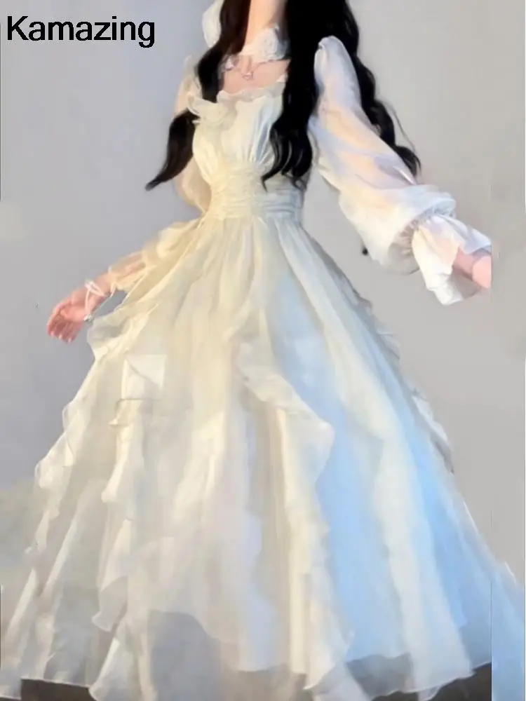 Весенне-летние однотонные сказочные платья с оборками корейская мода тонкий