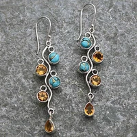 fashion vintage turquoise and citrine earrings womens 925 silver leaf tassel dangle earrings bride engagement wedding earrings