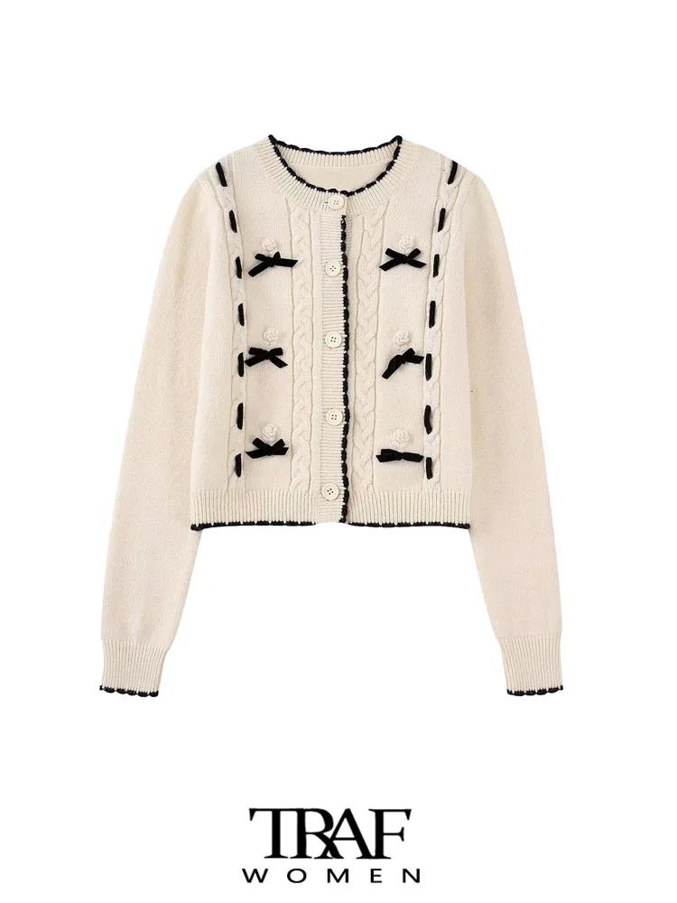 

TRAF Women Fashion With Bow Appliques Knit Cardigan Sweater Vintage Long Sleeve Front Buttons Female Outerwear Chic Tops