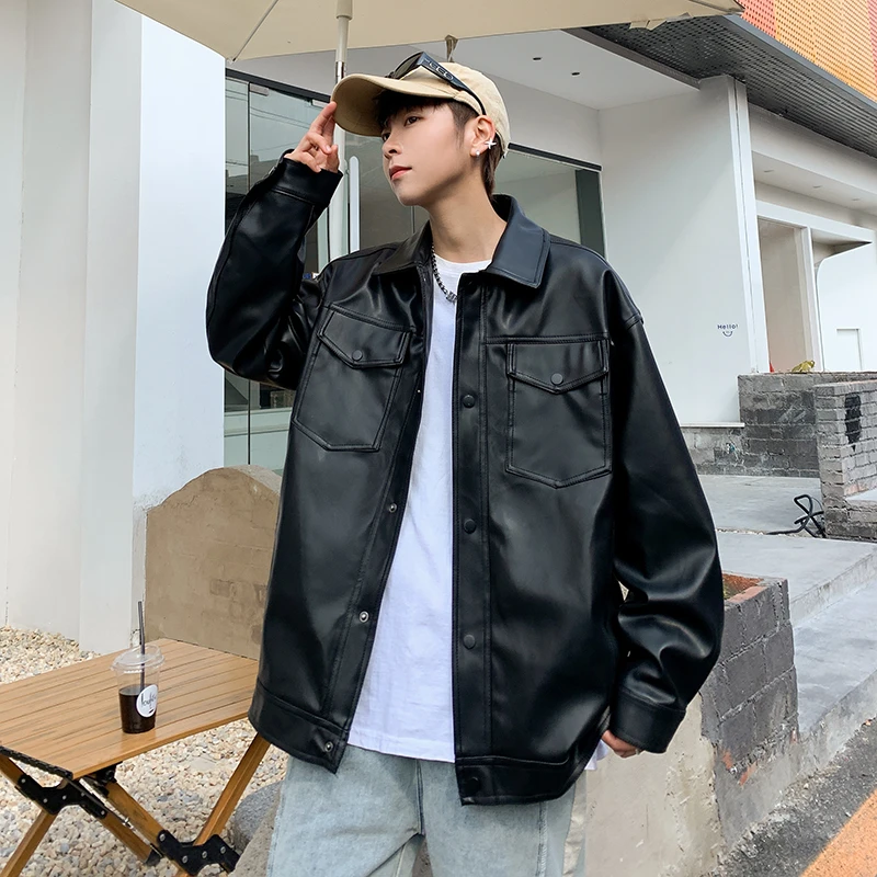 

Куртка мужская Байкерская из искусственной кожи, модная Байкерская замша с отложным воротником, черная Свободная куртка из искусственной кожи, уличная одежда