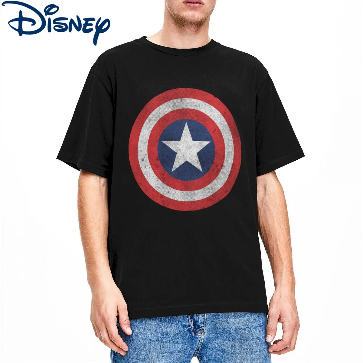 

Captain Shield Distressed T Shirt for Men Cotton Novelty USA T-Shirt Round Collar Tees Short Sleeve Disney Clothes Plus Size