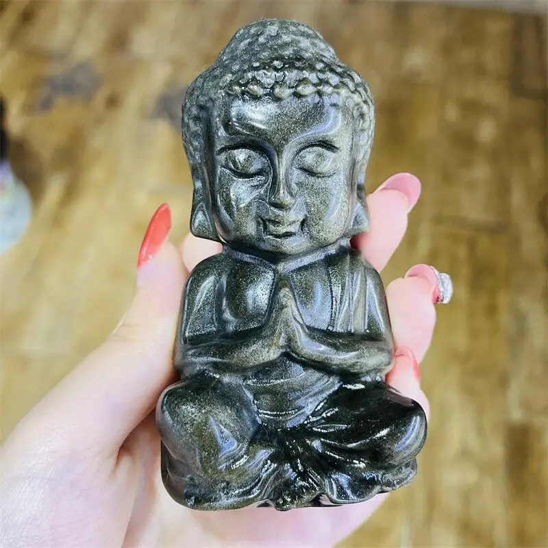 Натуральный Золотой обсидиан Будда резьба полированная Рейки Исцеление Высокое