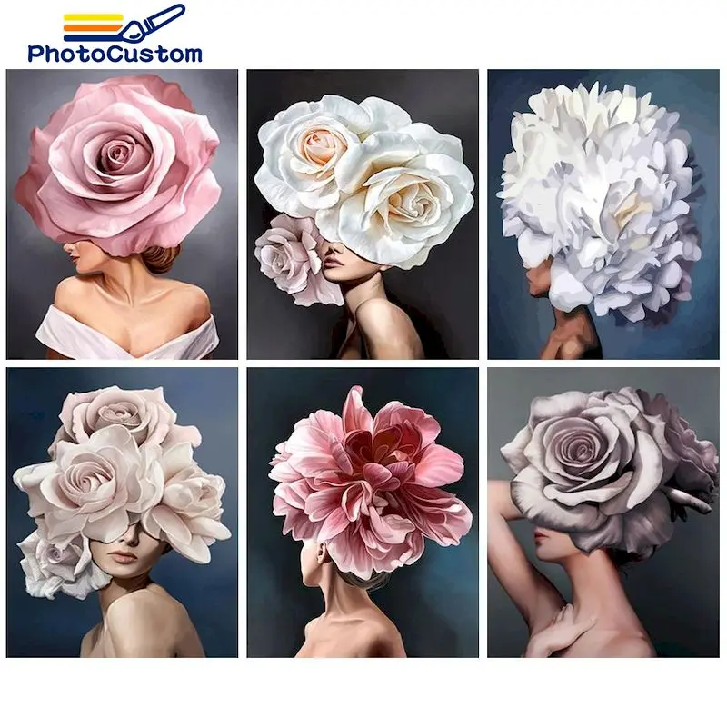 

PhotoCustom Coloring By Number Flwoer Girl Kits Painting By Number DIY Frame Modern Drawing On Canvas HandPainted Art Gift