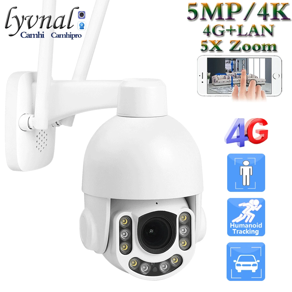 

3G 4G SIM Card Surveillance IP Camera Wifi 4K 8MP PTZ Dome 128G SD TF 5MP 5X Zoom Two Way Audio Smart IR Humanoid Auto Tracking