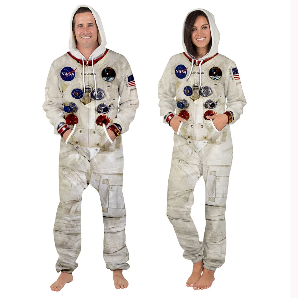 

Adult Velvet Long Sleeves Astronaut 3D Printed Zipper Hooded Jumpsuit Adults Halloween Cosplay Costumes Pajamas Party Outfit