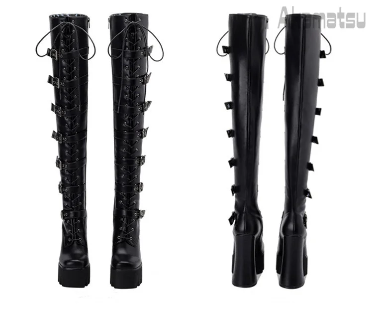 Lace-Up Metal Buckle Decoration Over-Knee Boots Leather Thick High-Heeled Platform Side Zipper Women's Shoes Large Size 40-43