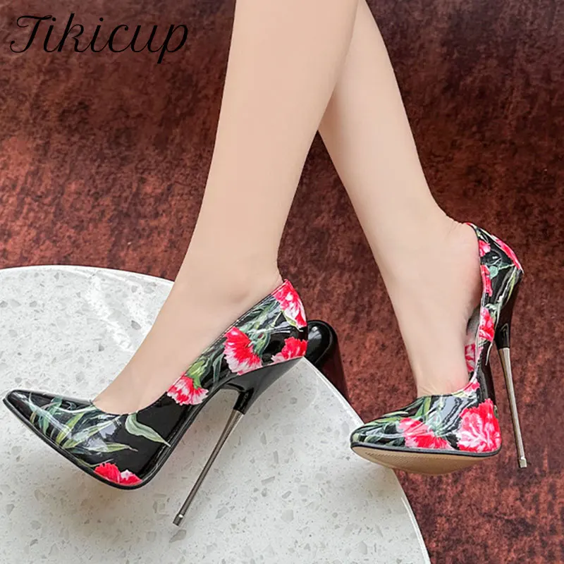 

Tikicup Gothic Print Women 16cm Ultra High Metal Heel Shoes Sexy Slip On Stiletto Pumps for Show Club Only Plus Size 35-46