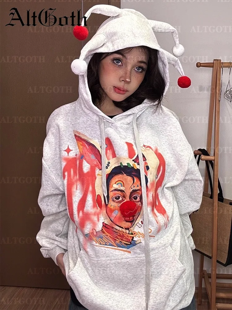 

AltGoth Harajuku Y2k Clown Sweatshirt Women Streetwear Mall Goth Grunge Printed Long Sleeve Loose Cartoon Hoodie Pullover Female
