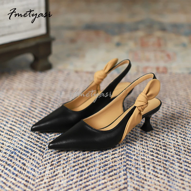 Woman Heels Pointed Toe Luxury Medium-Heeled Korean Style Sandals 2023 Summer Trend Breathable Comfortable Leather Shoe