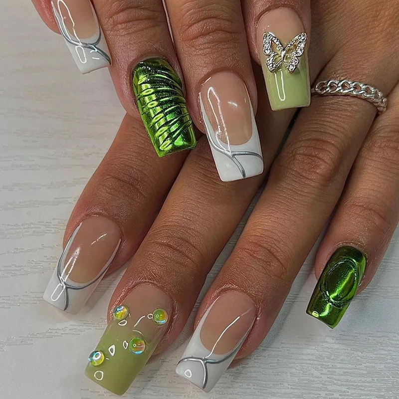 

Накладные ногти средней длины, зеленый со стразами, Бабочка, квадратные, накладные ногти для нейл-арта, съемные накладные ногти с полным покрытием