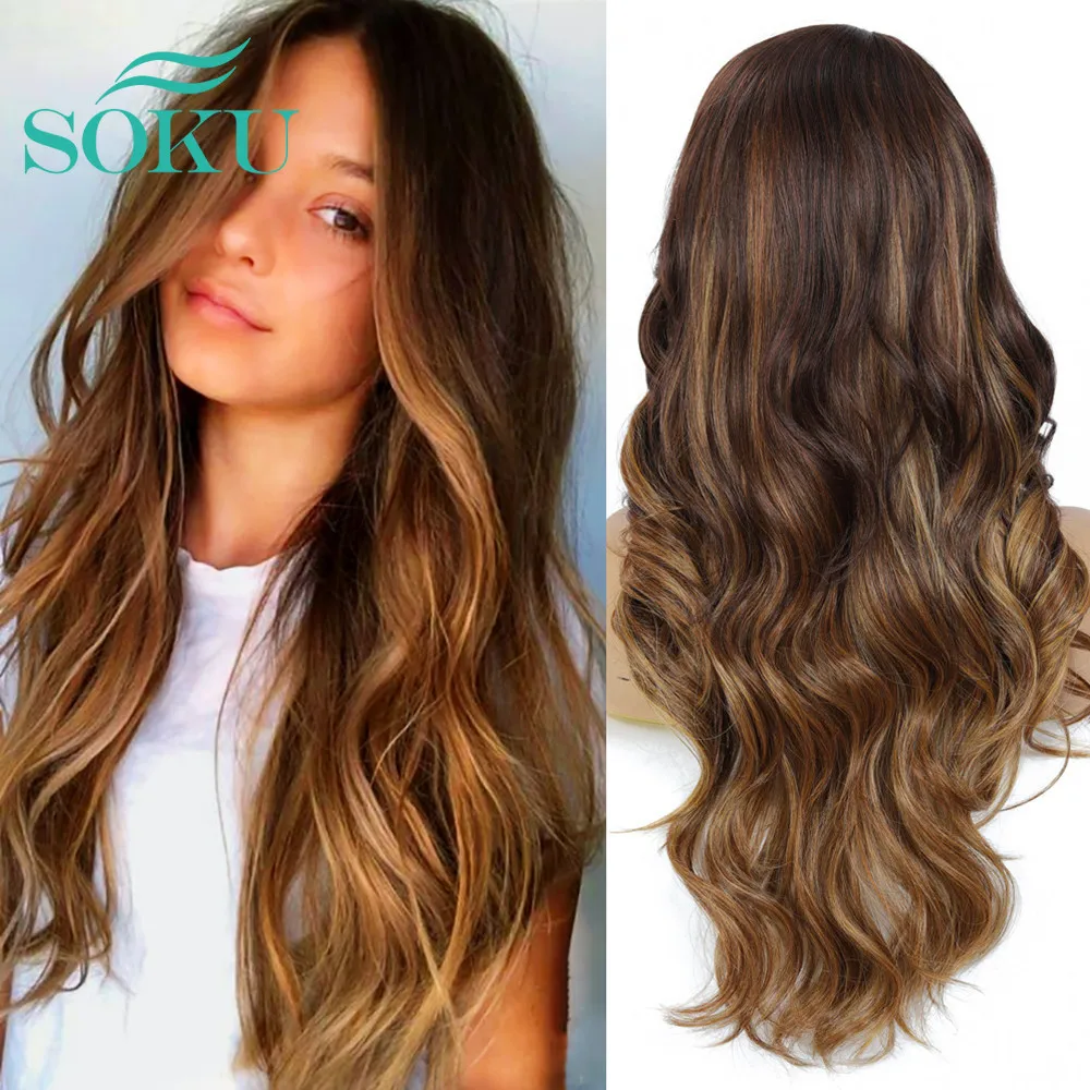 

Парик SOKU Омбре из коричневых синтетических волос, парики с длинными волнистыми волосами с боковой частью для чернокожих женщин, бесклеевые термостойкие парики на сетке, бесплатная доставка