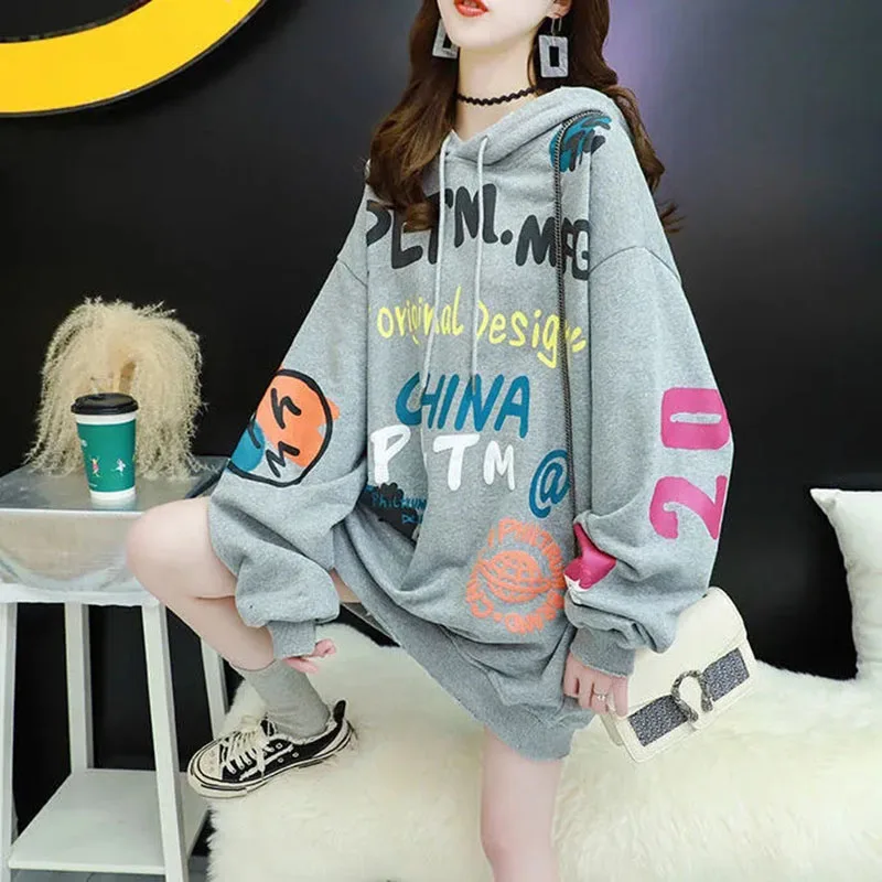 

Sweatshirts Women Loose Harajuku Thin Hooded Female Letter Print Long-Sleeved Mid-Length Tops Lady Spring Autumn Hoodies Moletom