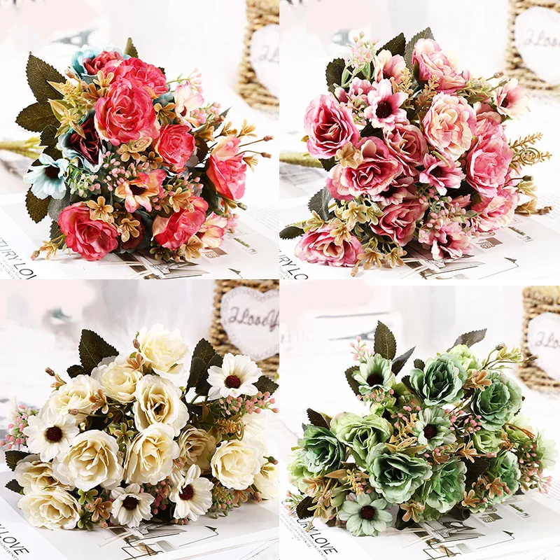 

Bouquet Fake Flowers Small Bunch Fake Rose Artificial Plant DIY Decoration Home Party Decor Beautiful Wedding Decoration